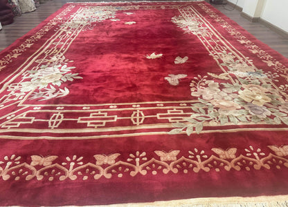 Chinese Wool Rug 12x18 Palace Size Vintage Hand Knotted Red With Butterflies And Flowers