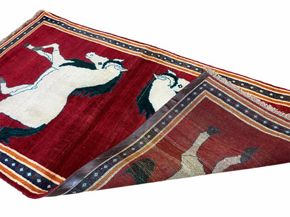 Handmade Hand-Knotted Wool Rug With Horses Motif Vintage White And Red 3.5 x 6