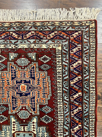 Kazak Rug Vintage Handmade Wool 3x5 Ft Pakistani Geometric Dark Red Oriental Carpet