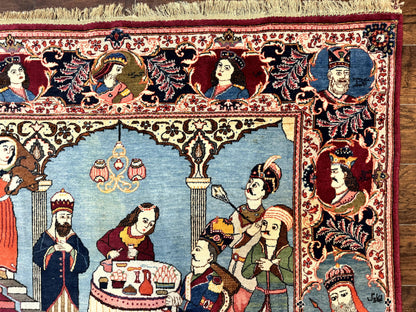 Rare Persian Kashan Pictorial Rug 6x9, King Bahram Hunting Scene, Persian Kings, Hand Knotted Persian Rug for Wall Hanging, Antique, Wool