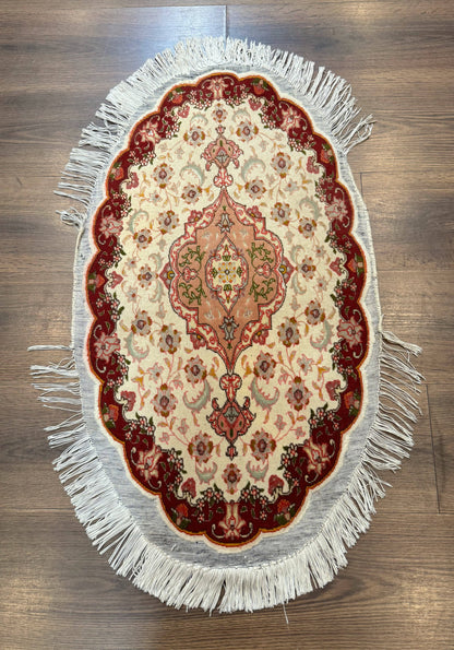 Small Oval Persian Tabriz Rug 2x4, Kork Wool and Silk Highlights, Fine 260 KPSI