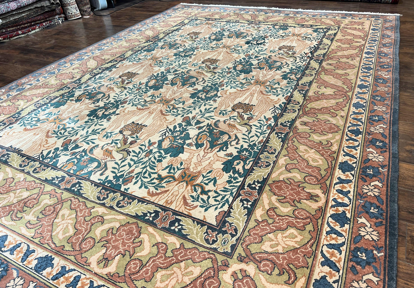 Handmade Vintage Wool Rug 10x13 Floral Birds Beige Couristan