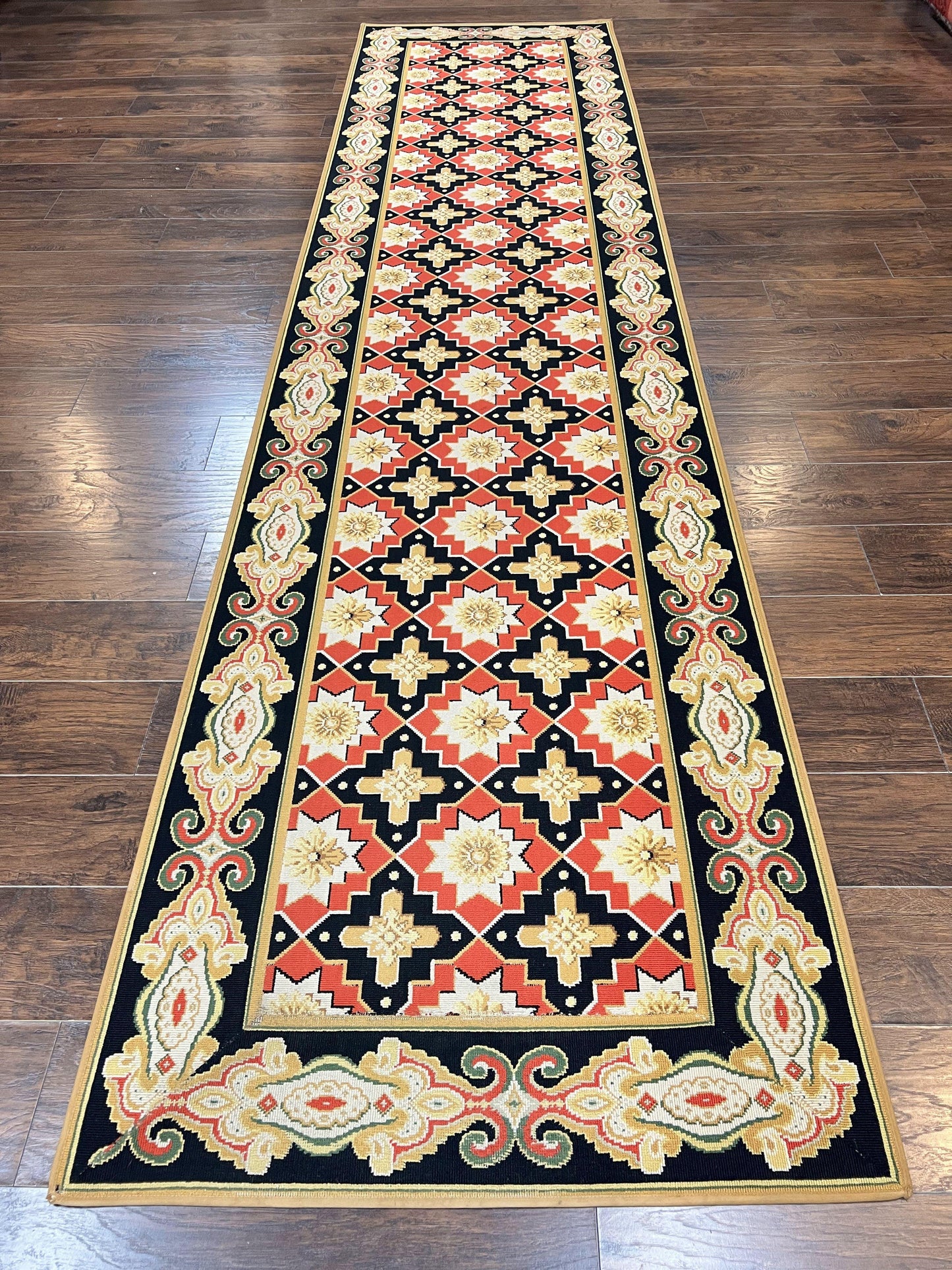 Vintage Runner Rug Long Hallway Wool Panel Design Red Black Ivory Tan European Style