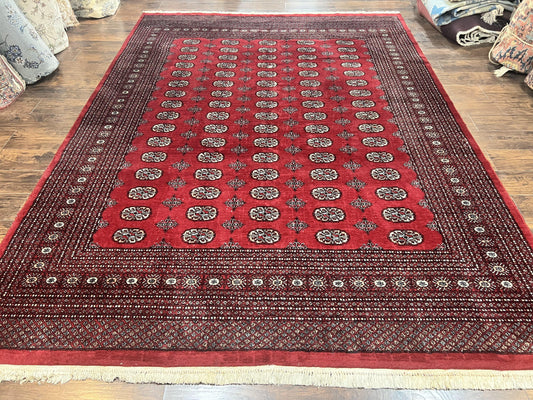 Turkoman Rug 8 x 11.6 Red Bokhara Pakistani Wool Handmade Vintage Carpet