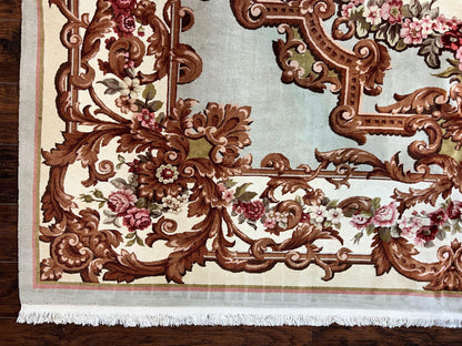 Aubusson Rug 10x13, Cream and Light Mint Green Hand Knotted Handmade French Savonnerie European Carpet, Wool Pile, Large Room Sized Vintage