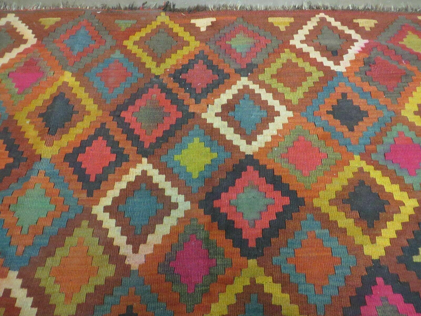 Antique Afghan Kilim Rug Handmade Flatweave Wool 7x10 Vintage Colorful Diamond Pattern