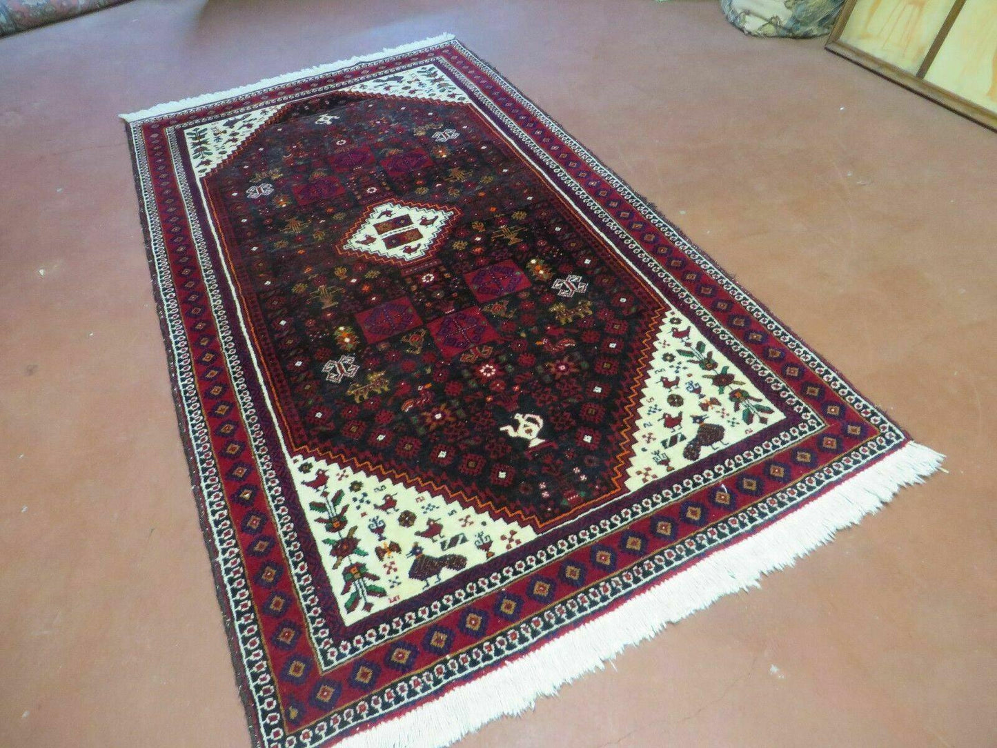 Vintage Handmade Indian Jaipur Rug Bird Carpet Wool Full Pile 4x7