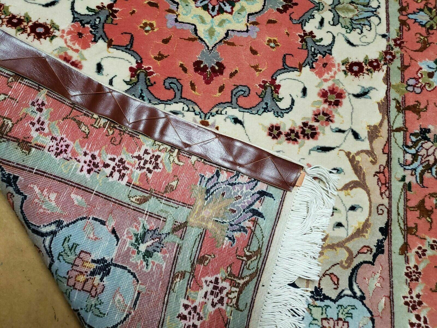 Vintage Persian Tabriz Wool Silk Rug Hand Knotted Medallion Ivory Salmon Light Blue