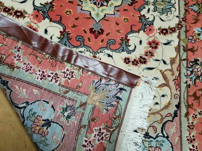 Vintage Persian Tabriz Wool Silk Rug Hand Knotted Medallion Ivory Salmon Light Blue