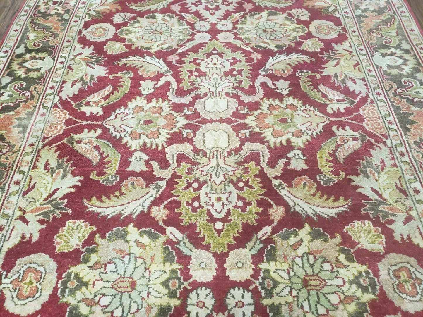 Indo Persian Rug 6x9, Hand Knotted Vintage Indian Sultanabad Agra Wool Rug, Handmade Oriental Carpet 6 x 9, Red Large Floral Design
