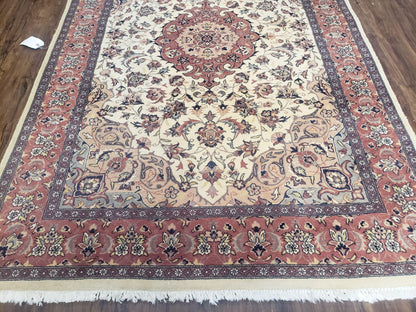 Handmade Pakistani Floral Wool Rug 4x6 Vegetable Dyes Carpet Beige Salmon