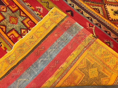 Unique Moroccan Rug 7x10, Room Sized Carpet, Red Orange Gray, Wool Oriental Striped Geometric Tribal Boho Rug, Flatweave with Raised Pile