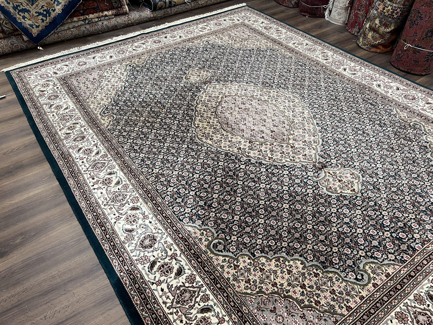 Sino Persian Rug 9x12, Dark Green and Ivory, Medallion, Mahi Herati, Elegant Oriental Carpet, Wool Hand Knotted Traditional Room Sized Rug