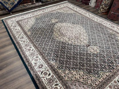 Sino Persian Rug 9x12, Dark Green and Ivory, Medallion, Mahi Herati, Elegant Oriental Carpet, Wool Hand Knotted Traditional Room Sized Rug