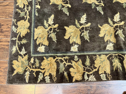 Tibetan Nepal Rug 6x9, Wool Hand Knotted Vintage Carpet 6 x 9, Dark Green & Golden Yellow, Floral Bouquets