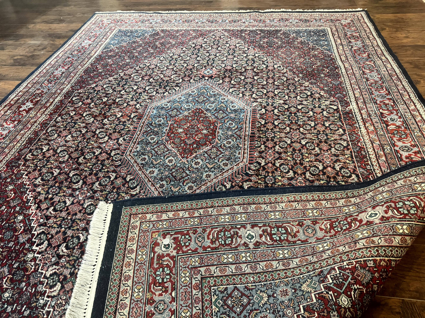 Indo Persian Bidjar Rug 8x11, Herati Mahi Pattern, Red Navy Blue, Handmade Vintage Wool Carpet