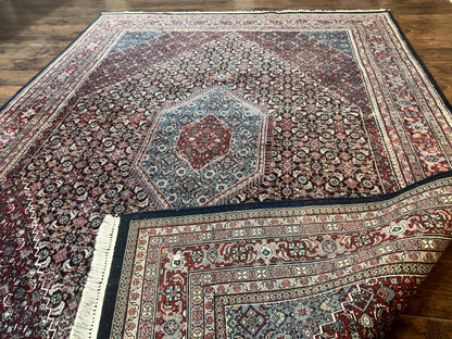 Indo Persian Bidjar Rug 8x11, Herati Mahi Pattern, Red Navy Blue, Handmade Vintage Wool Carpet