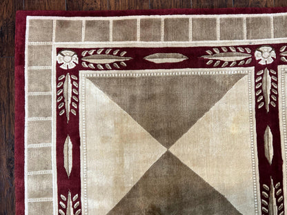 Indo Tibetan Rug 10x14, Nepali Carpet, Large Soft Wool Area Rug, Olive Tan Maroon, Contemporary Rug 10 x 14 ft Living Room Rug, Handmade Rug