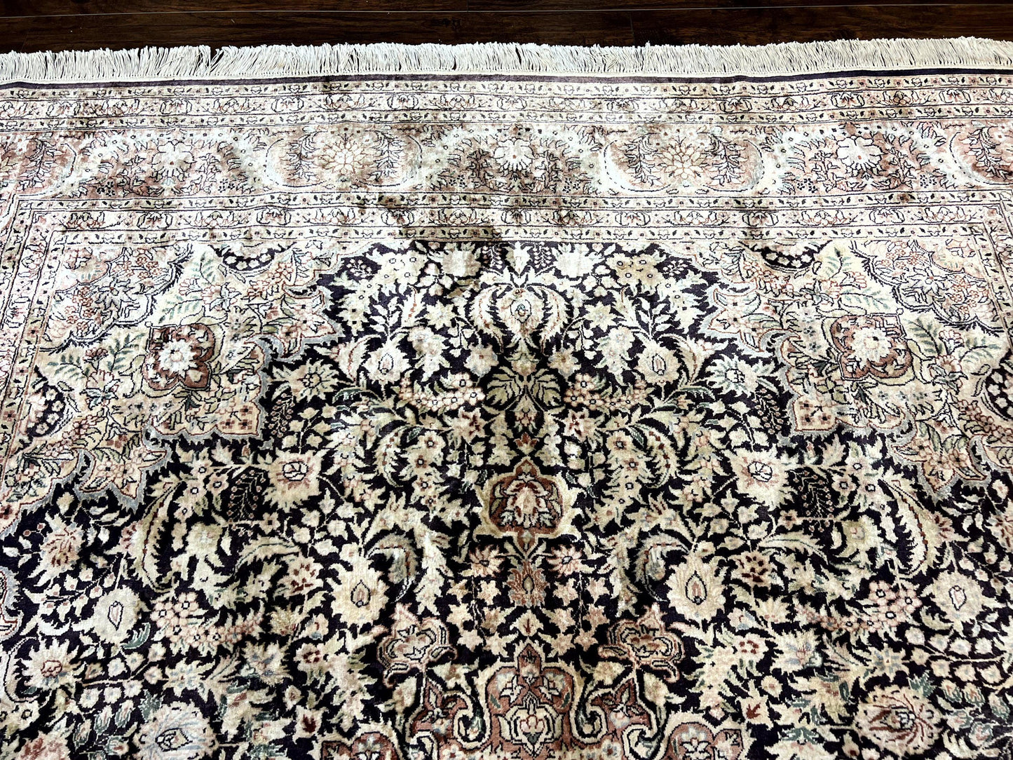 Silk Kashmiri Rug 8x10 Floral Medallion Handmade Indo Persian Vintage Silk Rug