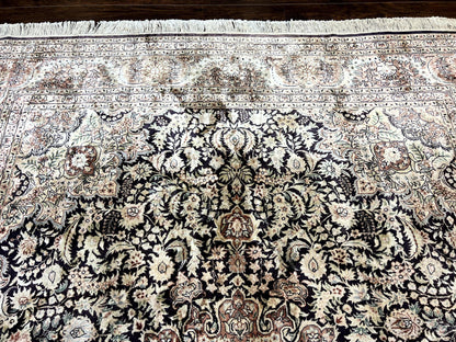 Silk Kashmiri Rug 8x10 Floral Medallion Handmade Indo Persian Vintage Silk Rug