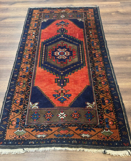 Persian Nahavand Rug 3x6 Geometric Medallion Village Tribal Design In Terracotta And Navy