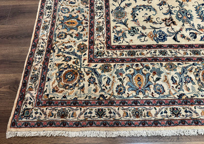 Persian Kashan Rug 10x14, Bone - Beige and Blue, Allover Pattern, Traditional Persian Carpet, Fine 260 KPSI
