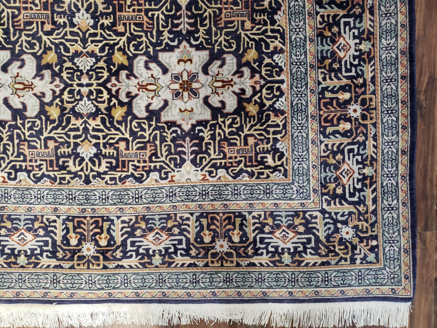 Persian Kashan Rug Hand Knotted Wool Navy Blue