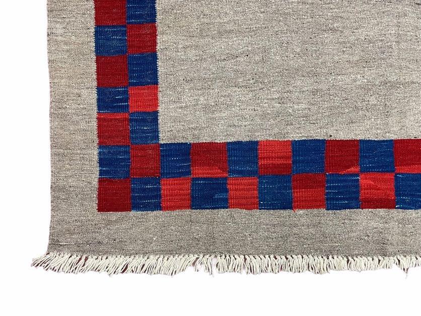 Geometric Kilim Rug Handmade Wool Hand Knotted Gray Blue Red Checkerboard
