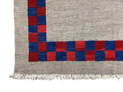 Geometric Kilim Rug Handmade Wool Hand Knotted Gray Blue Red Checkerboard