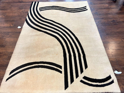 Modern Rug 6x9 Cream and Black Abstract Pattern Wool Area Rug