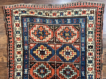 Antique Caucasian Kazak Runner Rug 4 x 9.5, Handmade Wool Rug for Hallway, Rare Colorful Panel Design Mid 19th Century 1870s Oriental Carpet