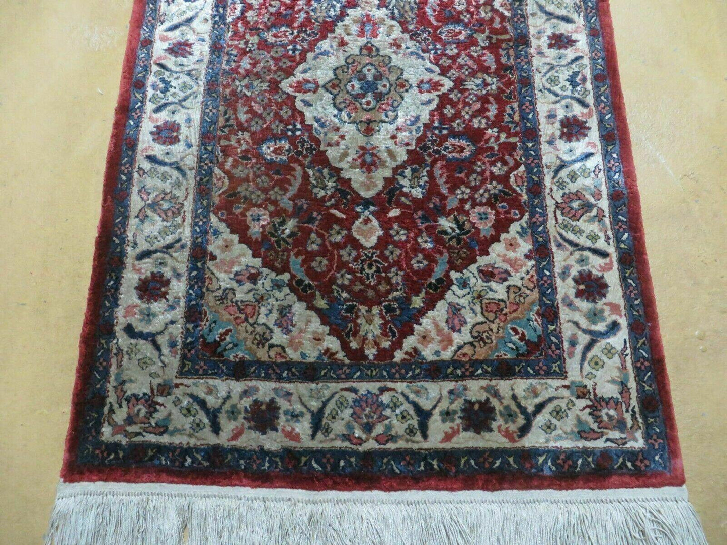 Handmade Chinese Silk Rug Floral Oriental 2 by 3 Feet Red Vintage 1980s