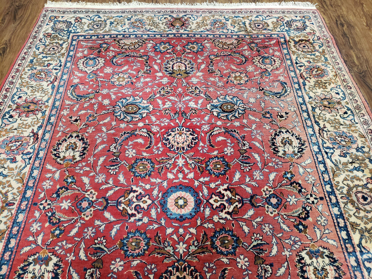 Semi Antique Persian Kashan Rug, Red & Beige, Hand-Knotted, Wool, 4'7" x 6' 6", Pair B