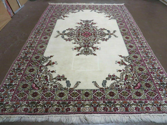 Moroccan Hand Knotted Rug Vintage Berber Carpet Open Field Medallion Cream Background