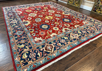 Indo Heriz Rug 8x10, Red and Navy Blue, Allover Pattern, Wool Handmade Carpet