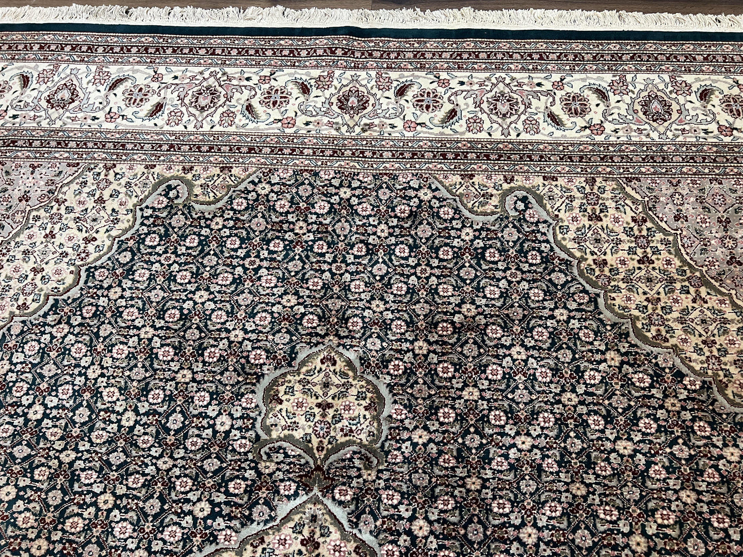 Sino Persian Rug 9x12, Dark Green and Ivory, Medallion, Mahi Herati, Elegant Oriental Carpet, Wool Hand Knotted Traditional Room Sized Rug