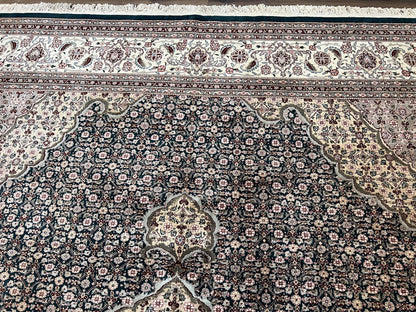 Sino Persian Rug 9x12, Dark Green and Ivory, Medallion, Mahi Herati, Elegant Oriental Carpet, Wool Hand Knotted Traditional Room Sized Rug