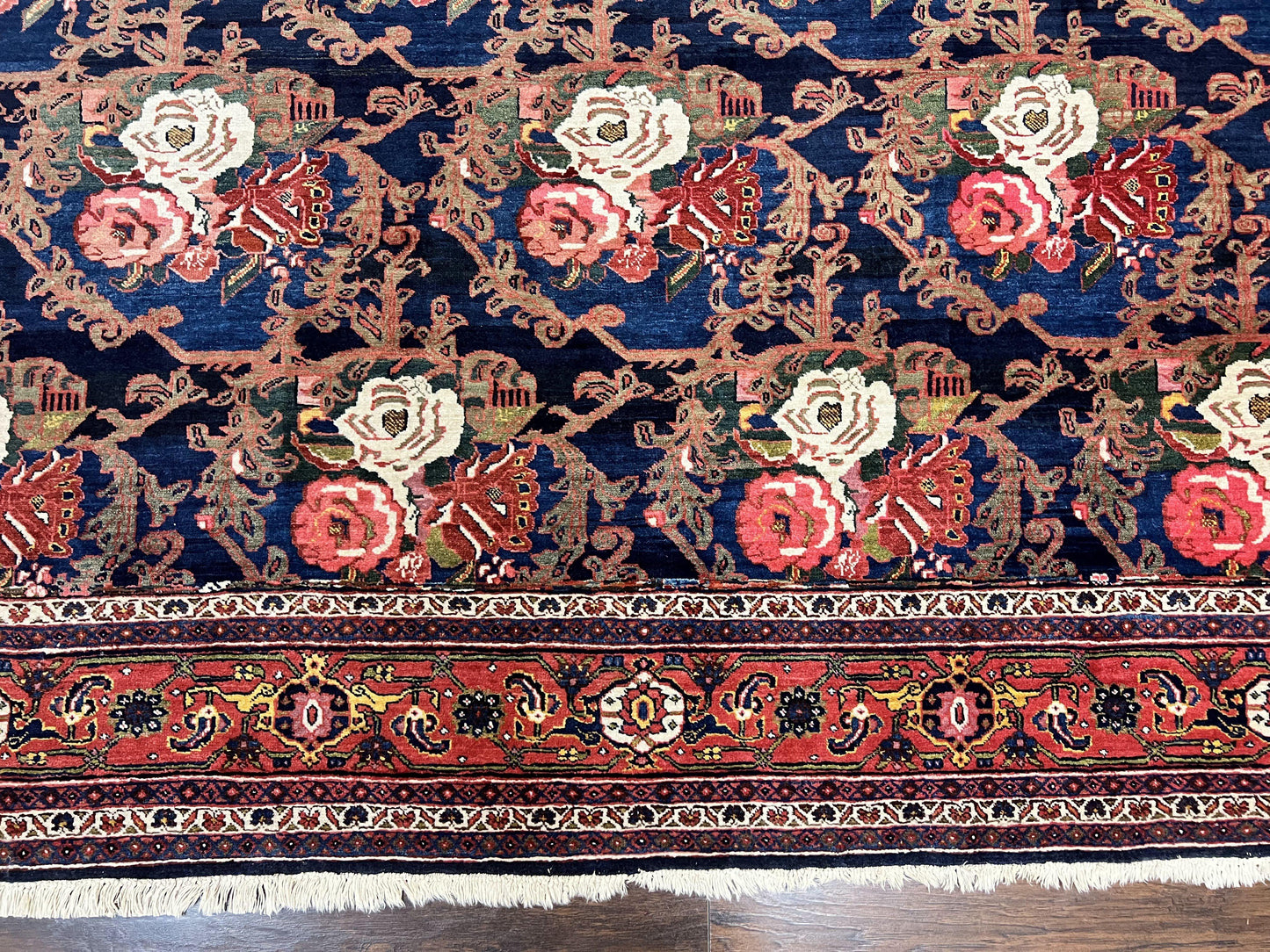 Persian Bidjar Rug 8x11, Floral Bouquets, Blue Black Red Pink, Handmade Hand Knotted Vintage Semi Antique Oriental Carpet