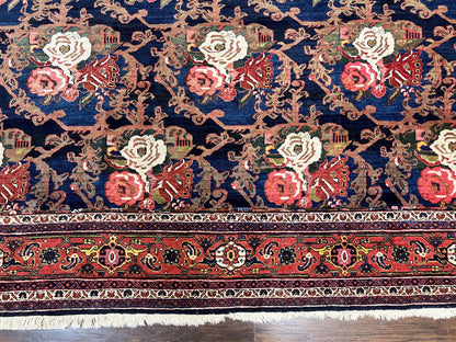 Persian Bidjar Rug 8x11, Floral Bouquets, Blue Black Red Pink, Handmade Hand Knotted Vintage Semi Antique Oriental Carpet