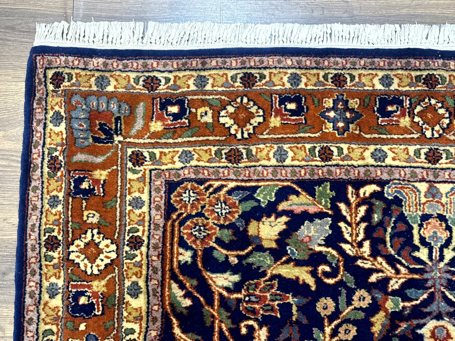 Indo Persian Sarouk Rug 4x6, Blue and Rust Red