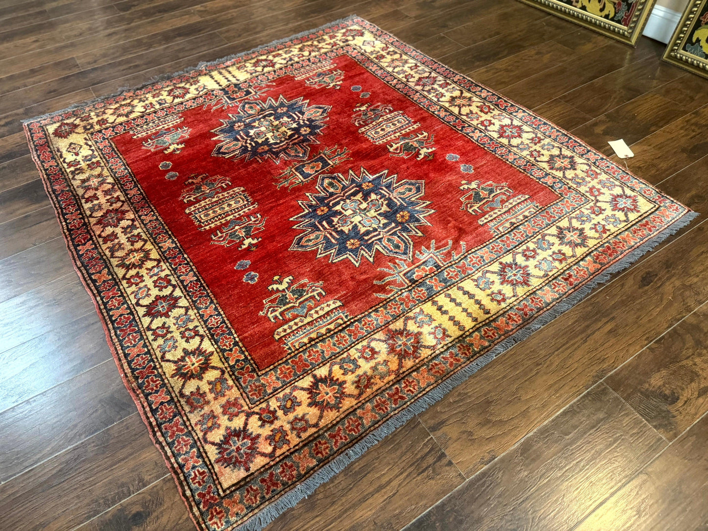 Square Turkish Rug 6x6, Azerbaijani Azeri Turkish Armenian Rug, Red Tan Blue, Geometric, Wool Carpet