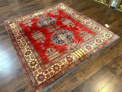 Square Turkish Rug 6x6, Azerbaijani Azeri Turkish Armenian Rug, Red Tan Blue, Geometric, Wool Carpet