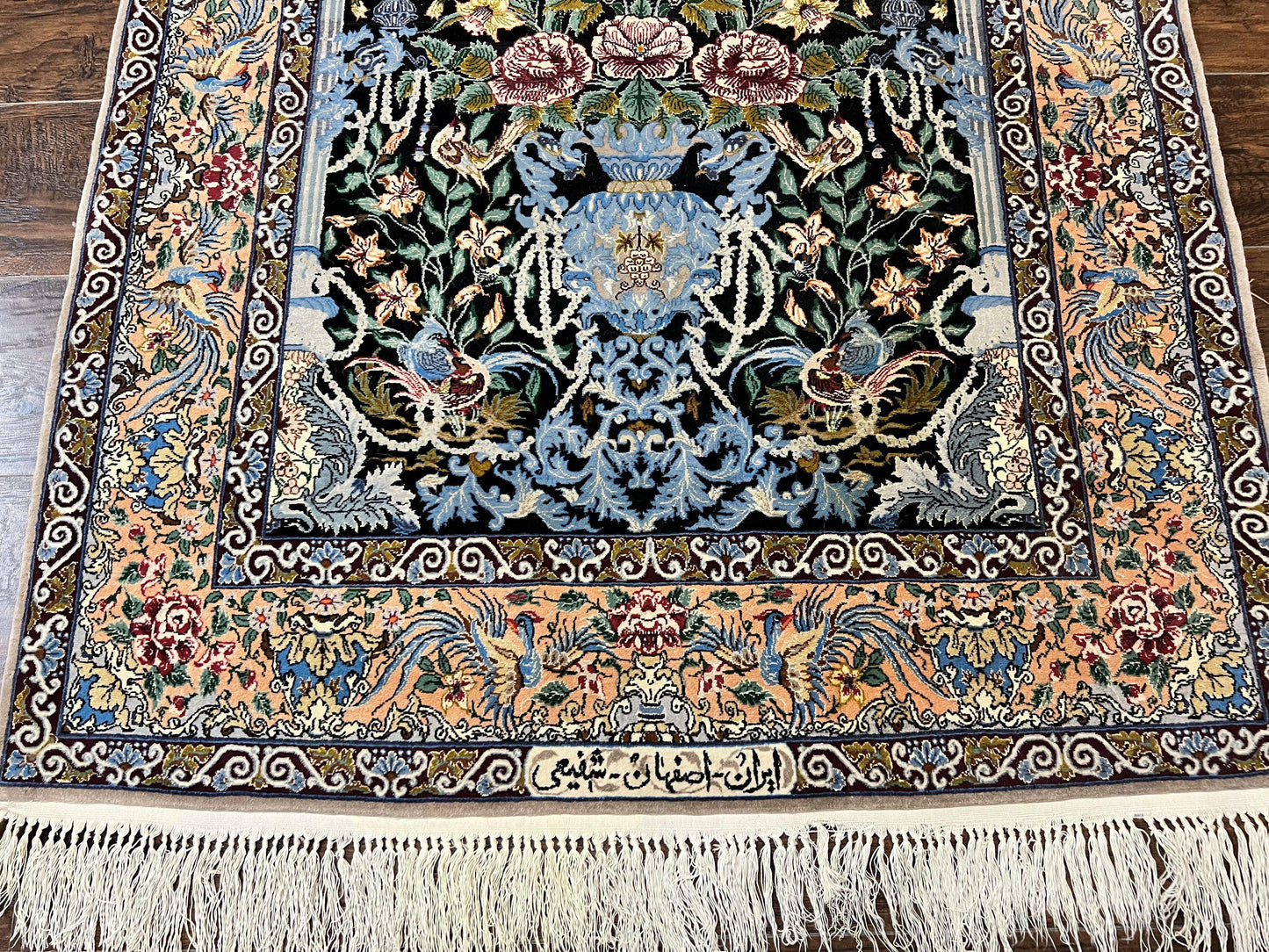 Persian Isfahan Rug 3.7x5 Kork Wool On Silk Tree Of Life Vase Peacocks Very Fine 460 KPSI