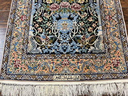 Persian Isfahan Rug 3.7x5 Kork Wool On Silk Tree Of Life Vase Peacocks Very Fine 460 KPSI