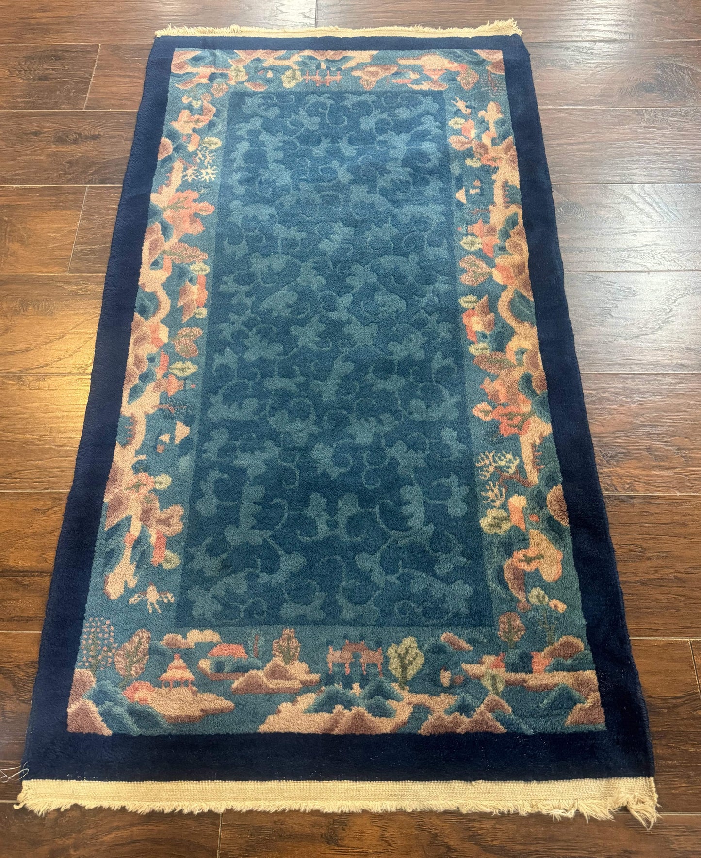 Blue Chinese Wool Rug Hand Knotted Peking Area Rug Semi Antique 2.5 x 4