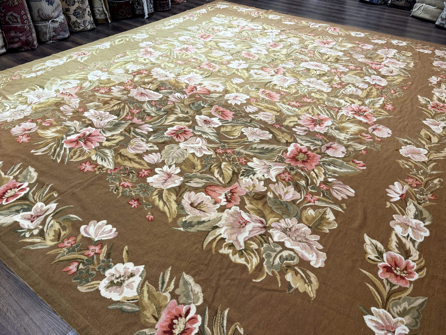 Large Needlepoint Rug 11x14, Vintage Floral Wool Carpet, Caramel