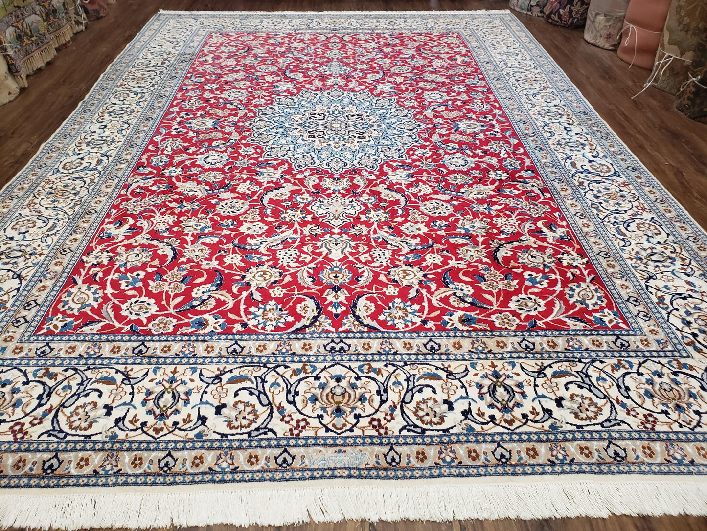 Persian Nain Rug 8x12, Red and Ivory, Signed