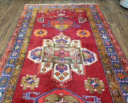 Persian Karajeh Runner Rug Antique Hand Knotted Wool 4.4 By 11 Ft Red Geometric Medallion
