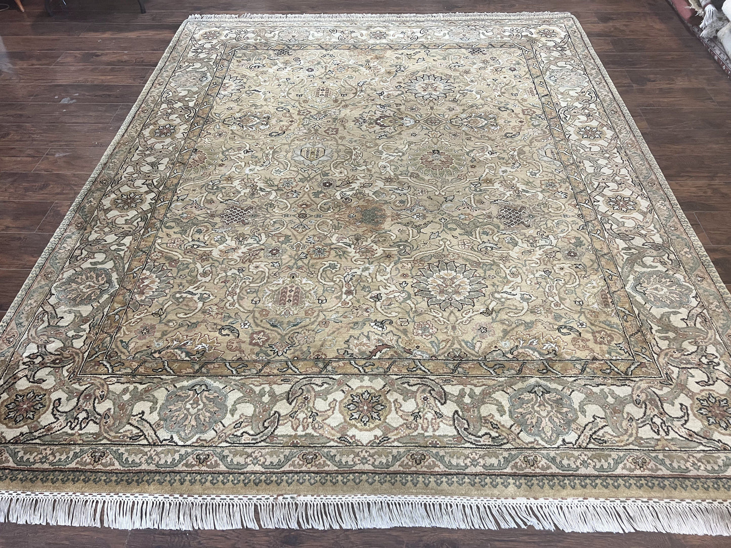 Indo Mahal Rug 8x10 Handmade Wool Indo Persian Carpet With Floral Olive Green Accents