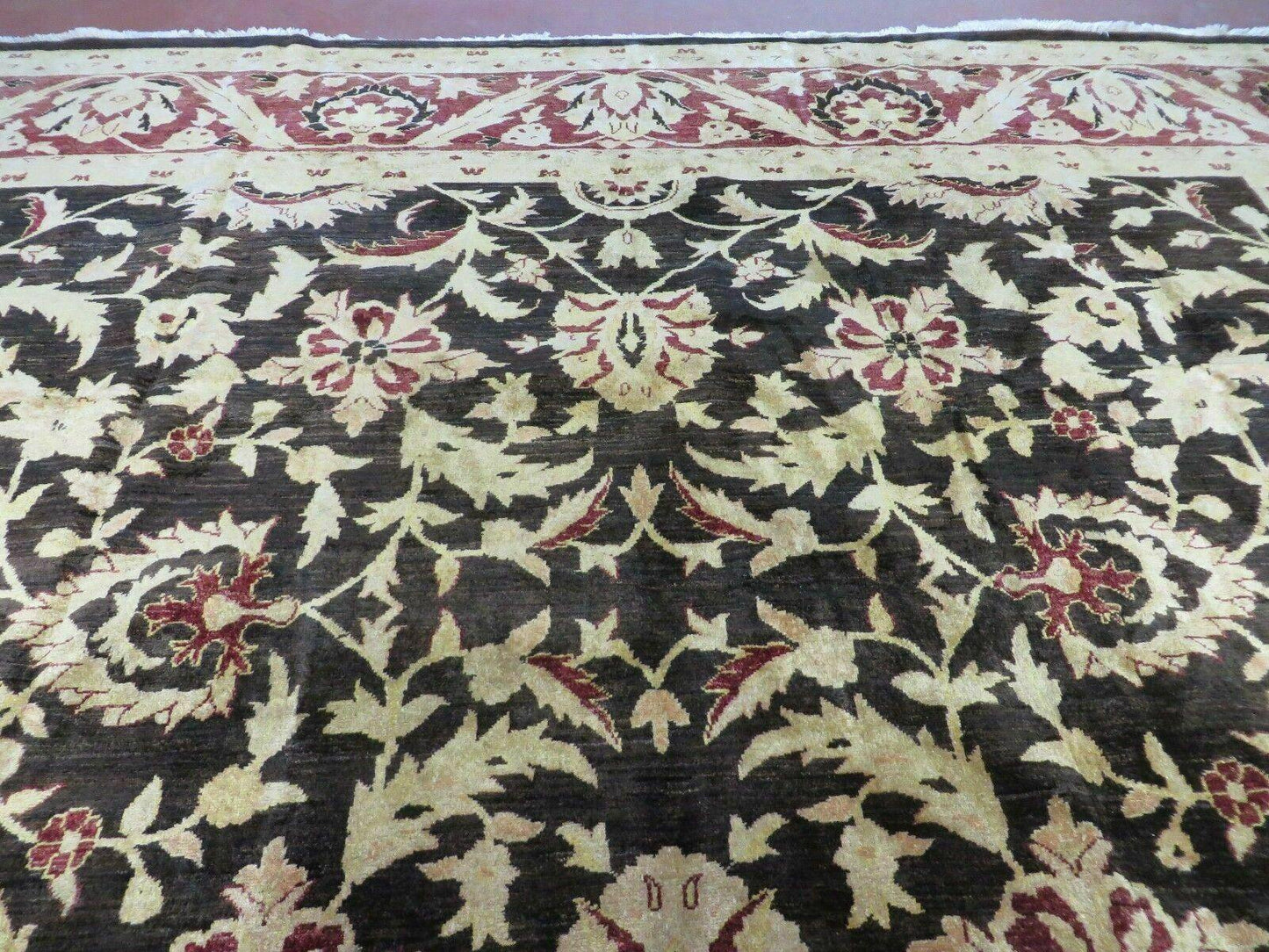 11' X 15' Vintage Hand Knotted Indian Agra Wool Rug Hand Made Dark Brown Floral